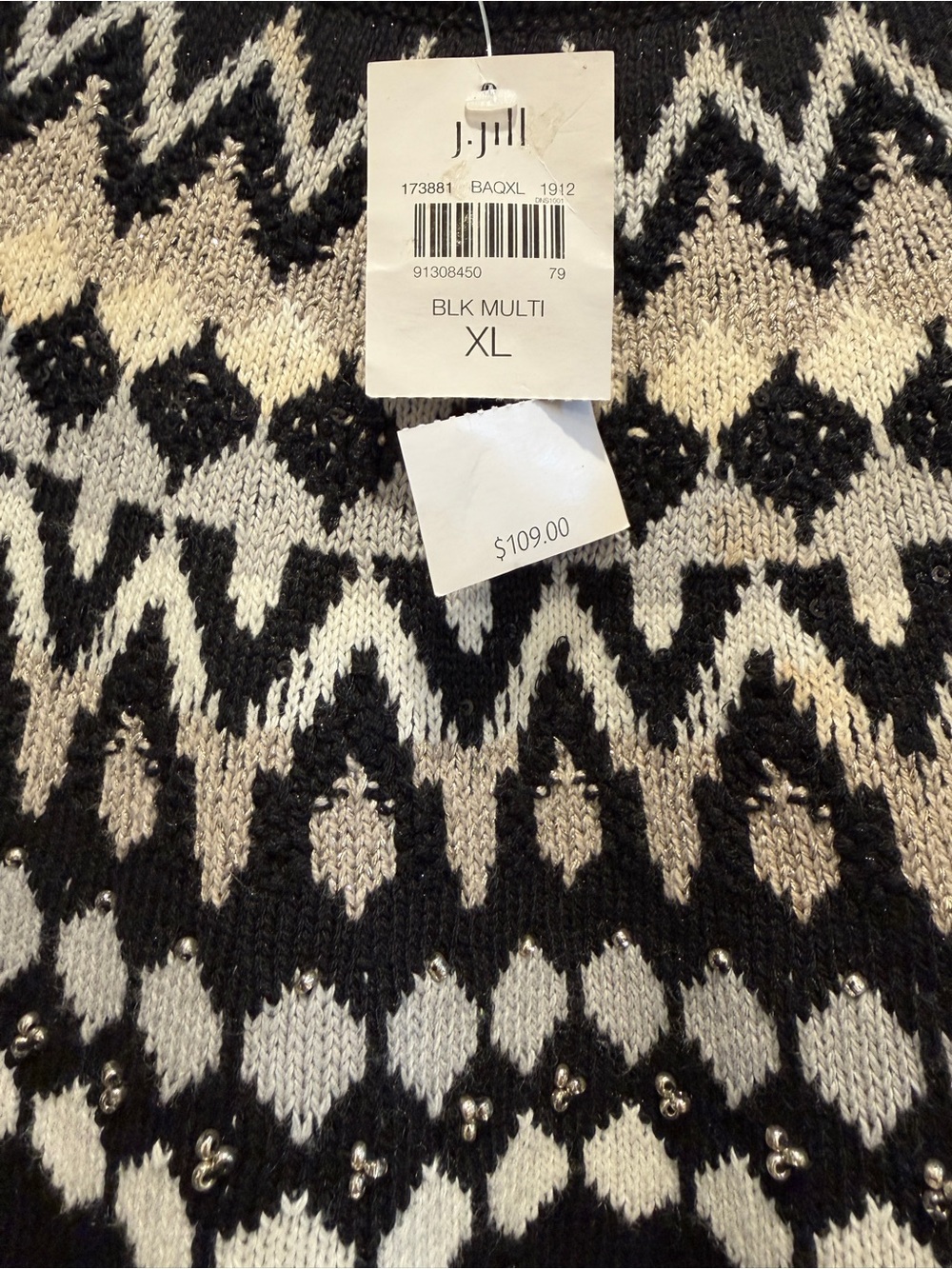 J. Jill Black Fair Isle Nordic Crewneck Beaded Metallic Sweater NWT Medium - Picture 4 of 6